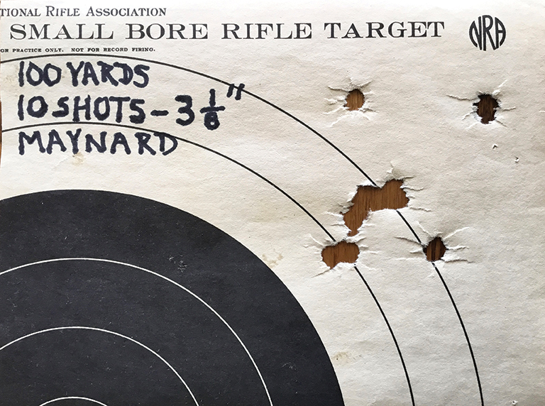 Best of the 10-shot groups at 3.125 inches, with no cleaning at all. I adjusted the sights after this group to get in the black. There was no wind and the powder charges were weighed, instead of being thrown from a flask. The average 10-shot group was 4.1 inches.